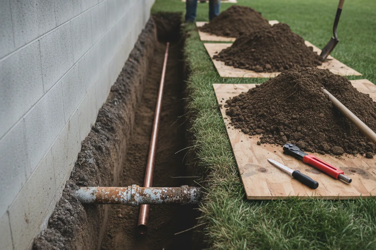Excavated water line trench during Water Softener Installation in Represa